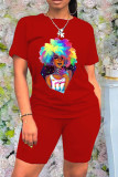 Red Fashion Casual Print Basic O Neck Short Sleeve Two Pieces