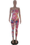 Pink Fashion Sexy Print Backless Strapless Skinny Jumpsuits