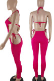 Rose Red Sexy Solid Hollowed Out Patchwork Frenulum Backless Halter Skinny Jumpsuits
