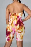 Red Yellow Celebrities Print Patchwork Strapless Skinny Jumpsuits