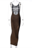 Brownness Fashion Sexy Solid Backless O Neck Sling Dress