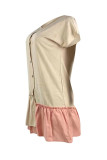Apricot Fashion Casual Patchwork Buckle V Neck Short Sleeve Dress