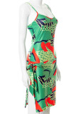 Green Sexy Print Patchwork High Opening Spaghetti Strap A Line Dresses
