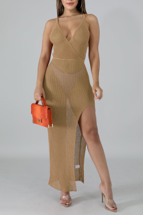 Khaki Sexy Solid Split Joint Spaghetti Strap Irregular Dress Dresses