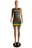 Green Fashion Casual Print Bandage O Neck Sleeveless Dress