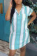 Cyan Fashion Casual Striped Print Basic Turndown Collar Shirt Dress