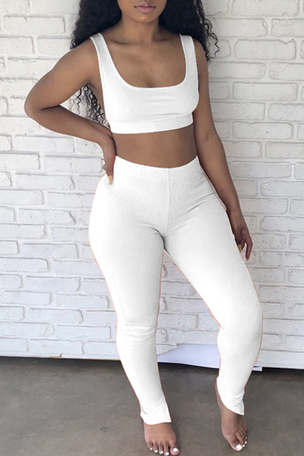 White Casual Sportswear Solid Vests Pants U Neck Sleeveless Two Pieces