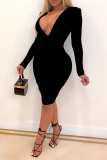 Color Blue Sexy Solid Patchwork V Neck Pencil Skirt Dresses