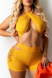Yellow Sexy Solid Hollowed Out Halter Sleeveless Two Pieces