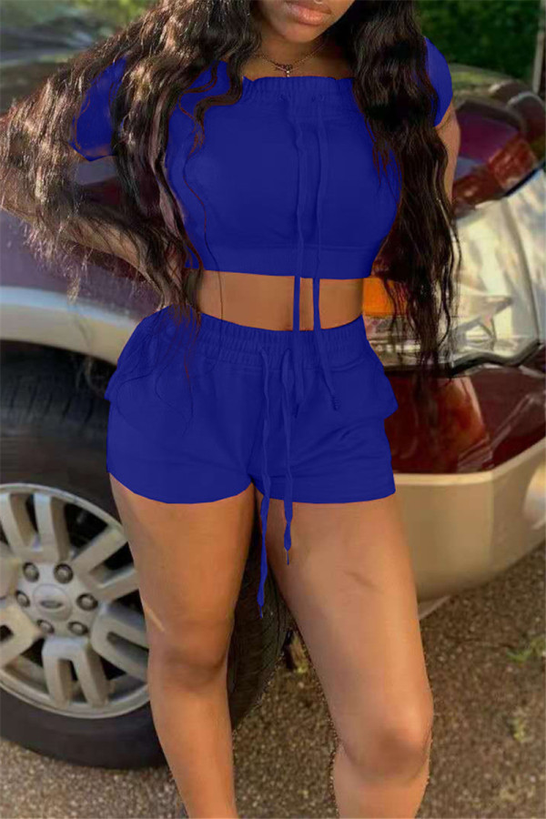 Blue Fashion Casual Solid Bandage O Neck Short Sleeve Two Pieces