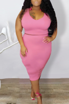 Pink Casual Solid Split Joint O Neck Pencil Skirt Plus Size Two Pieces