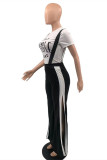 Black Fashion Casual Letter Print Slit O Neck Short Sleeve Two Pieces