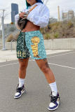 Blue Casual Print Patchwork Straight Mid Waist Straight Full Print Bottoms