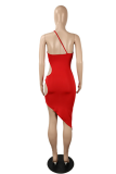 Red Sexy Solid Hollowed Out One Shoulder Pencil Skirt Dresses