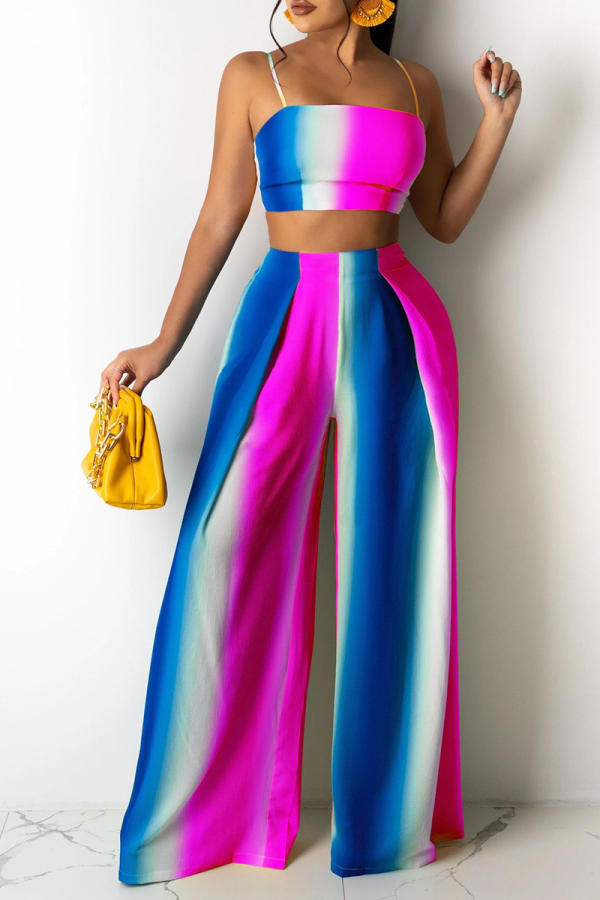 Rose Red Sexy Striped Patchwork Spaghetti Strap Sleeveless Two Pieces