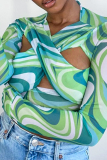 Green Sexy Print Hollowed Out Patchwork O Neck Tops