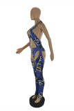 Blue Fashion Sexy Print Hollowed Out Backless Halter Skinny Jumpsuits