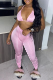 Pink Fashion Sexy Solid Bandage Backless Halter Sleeveless Two Pieces