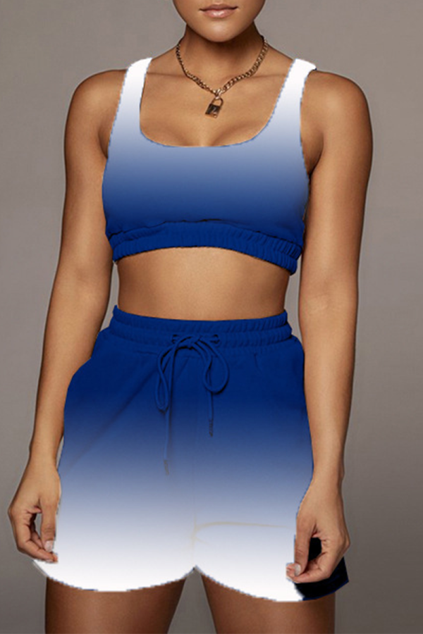 Blue Sportswear Gradual Change Patchwork U Neck Sleeveless Two Pieces