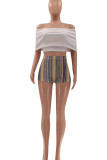 White Casual Striped Print Patchwork Off the Shoulder Short Sleeve Two Pieces