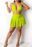 Yellow Sexy Solid Bandage Patchwork Fold Halter Two Pieces