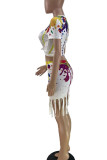White Casual Print Tassel Split Joint O Neck Short Sleeve Two Pieces