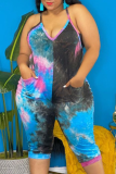 Blue Sexy Patchwork Tie-dye Spaghetti Strap Skinny Rompers