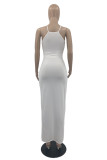 Yellow Sexy Solid Hollowed Out Backless Slit Spaghetti Strap Long Dress