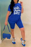Blue Fashion Casual Letter Print Basic O Neck Short Sleeve Two Pieces