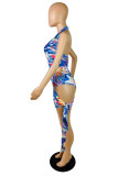Light Blue Fashion Sexy Print Hollowed Out Fold Halter Sleeveless Dress