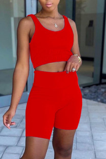 Red Casual Solid Split Joint U Neck Sleeveless Two Pieces