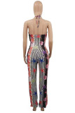 Multicolor Fashion Sexy Print Hollowed Out Backless Halter Regular Jumpsuits