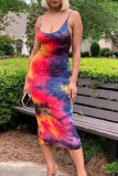 Red Sexy Print Tie Dye Patchwork Spaghetti Strap Pencil Skirt Dresses