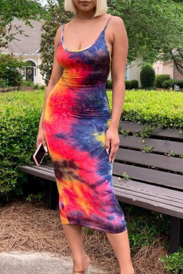 Red Sexy Print Tie Dye Patchwork Spaghetti Strap Pencil Skirt Dresses