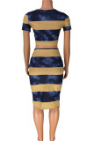 Multi-color Casual Striped Print Bandage Patchwork Short Sleeve Two Pieces