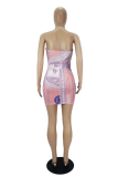 Pink Sexy Print Split Joint Strapless Pencil Skirt Dresses