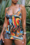 Red Sexy Print Patchwork Spaghetti Strap Pencil Skirt Dresses