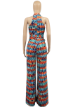 Blue Sexy Print Patchwork Halter Straight Jumpsuits
