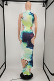 Multicolor Fashion Sexy Print Tie Dye Hollowed Out Turtleneck Sleeveless Dress