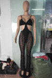 Black Fashion Sexy Patchwork See-through Backless Spaghetti Strap Regular Jumpsuits