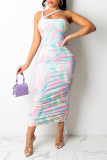 Multicolor Fashion Sexy Print Backless Spaghetti Strap Long Dress