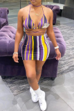 Purple Sexy Print Patchwork Spaghetti Strap Sleeveless Two Pieces