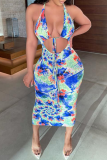 Blue Sexy Print Hollowed Out Halter Pencil Skirt Dresses