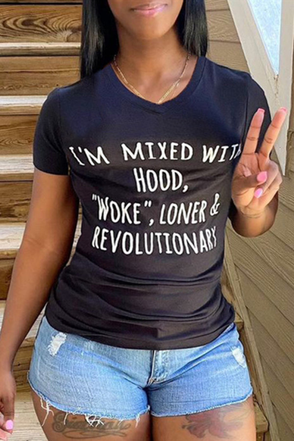 Black Fashion Casual Letter Print Basic O Neck T-Shirts