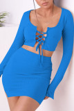 Blue Sexy Solid Hollowed Out Patchwork Frenulum Slit U Neck Long Sleeve Two Pieces