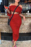Red Fashion Sexy Solid Backless Fold Off the Shoulder Long Sleeve Two Pieces