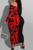 Red Sexy Print Patchwork Off the Shoulder Pencil Skirt Dresses