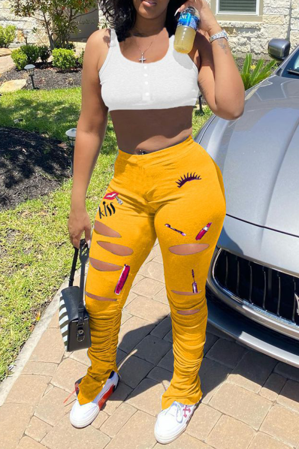 Yellow Casual Print Ripped U Neck Sleeveless Two Pieces