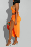 Tangerine Sexy Solid Split Joint Halter Sleeveless Two Pieces
