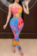 Peacock Blue Sexy Print Patchwork Spaghetti Strap Skinny Jumpsuits